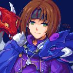  1boy ashton_anchors black_headband blue_background blue_cape brown_hair cape closed_mouth coat dragon headband hiroita looking_at_viewer lowres male_focus pixel_art purple_coat short_hair signature simple_background smile solo star_ocean star_ocean_the_second_story tassel 