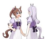  2girls absurdres animal_ears blue_eyes blush bow bowtie breasts brown_hair clenched_hands dress feet_out_of_frame habsida_(habsida_hpy) highres horse_ears horse_girl horse_tail long_hair looking_at_another mejiro_mcqueen_(umamusume) multicolored_hair multiple_girls open_mouth ponytail puffy_short_sleeves puffy_sleeves purple_dress purple_hair purple_skirt sailor_collar school_uniform short_sleeves simple_background skirt small_breasts standing streaked_hair tail tail_through_clothes tokai_teio_(umamusume) tracen_school_uniform umamusume white_background white_skirt 