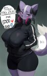 absurd_res aggretsuko anthro biped bottomwear breasts clothed clothing electronics female fur headphones hi_res mammal mephitid pupils purple_body sanrio skunk smewed standing text topwear