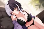  1girl bedroom black_hair blush breasts highres hololive hololive_english large_breasts looking_at_viewer multicolored_hair oioi_ainomo shiori_novella smile solo split-color_hair underwear virtual_youtuber white_hair yellow_eyes 