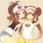  arm_on_shoulder bad_id bad_pixiv_id baseball_cap blue_eyes brown_hair denim denim_shorts double_bun hat high_ponytail long_hair looking_at_viewer mei_(pokemon) mmco multiple_girls open_mouth pantyhose pokemon pokemon_(game) pokemon_bw pokemon_bw2 polka_dot polka_dot_background raglan_sleeves shirt shorts sleeveless sleeveless_shirt smile touko_(pokemon) twintails vest visor_cap wristband 