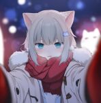  1girl amashiro_natsuki animal_ears blue_eyes blurry cat cat_ears cat_hair_ornament coat depth_of_field duffel_coat gloves grey_hair hair_ornament meme mittens nachoneko pov pov_cheek_warming_(meme) reaching red_gloves red_mittens red_scarf scarf snowing solo winter_clothes winter_coat winter_gloves 