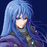  1boy armor belt blue_hair closed_mouth coat dias_flac expressionless hair_between_eyes hiroita hood hooded_coat long_hair looking_at_viewer lowres male_focus pixel_art portrait purple_coat red_eyes signature star_ocean star_ocean_the_second_story 