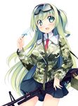  :d blazer blush box_magazine camouflage elbow_gloves food gloves goggles goggles_on_head green_eyes green_hair gun heavy_machine_gun holding ice_cream jacket kazakura long_hair m60 machine_gun necktie open_mouth original popsicle smile solo weapon 