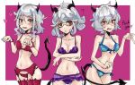  ? absurdres blue_bra blue_panties blush bra collar demon demon_girl demon_horns demon_tail helltaker helmett1997 highres horns lingerie looking_at_viewer malina_(helltaker) modeus_(helltaker) navel pandemonica_(helltaker) panties purple_background purple_bra purple_panties red_bra red_collar red_eyes red_panties round_eyewear tail underwear white_hair 