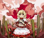  1girl blonde_hair closed_mouth cloud commentary_request cowboy_shot ebisu_eika frilled_skirt frills highres holding_rock kaigen_1025 long_earlobes long_hair no_nose outdoors puffy_short_sleeves puffy_sleeves red_eyes red_sky shirt short_sleeves skirt skirt_set sky solo touhou white_shirt white_skirt 