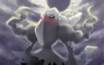  arms_at_sides blue_sclera colored_sclera covered_mouth darkrai eclipse hair_over_one_eye long_hair no_humans norinorinorimakimaki overcast pokemon pokemon_(creature) sky solo white_eyes white_hair 