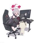  1boy 1girl aji_aji_nori bandaged_leg bandages bare_shoulders blue_archive blush book chair detached_sleeves doodle_sensei_(blue_archive) gaming_chair gauze gauze_on_cheek grey_hair grey_sleeves halo highres japanese_clothes keyboard_(computer) long_hair monitor mouse_(computer) open_mouth red_eyes red_halo sensei_(blue_archive) shuro_(blue_archive) simple_background swivel_chair white_background wide_sleeves 