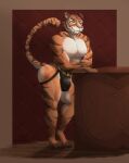 absurd_res anthro bedroom_eyes big_bulge big_butt big_pecs bulge butt clothed clothing digitigrade epic_games felid fortnite fur grin hi_res jewelry jockstrap leaning leaning_forward male mammal muscular muscular_male muscular_thighs narrowed_eyes necktie orange_body orange_fur oscar_(fortnite) pantherine partially_clothed pecs pink_nose raised_tail scar seductive shirtless smile solo stripes tail thick_thighs tiger tight_clothing topwear underwear underwear_only versace vest yannirosegold yellow_eyes