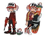  1boy :/ baseball_cap belt black_belt black_footwear black_leggings breast_pocket bulging_eyes closed_mouth d: dualie_squelcher_(splatoon) fins frown full_body grey_shorts half-closed_eyes hat highres holding hood hood_down hooded_shirt inkling inkling_boy jacket leggings leggings_under_shorts long_sleeves orange_hair orange_leggings plaid plaid_shirt pocket pointy_ears range_blaster_(splatoon) red_eyes red_footwear red_shirt salmonid shirt shoelaces shoes short_hair shorts simple_background single_tooth smallfry_(splatoon) sneakers splatoon_(series) tentacle_hair teo_(teorekka) two-tone_footwear two-tone_legwear white_background white_footwear zipper_pull_tab 