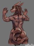  2018 4_fingers anthro back_muscles balls bioluminescence brown_hair brown_skin butt collar digital_media_(artwork) dragon glowing grey_background hair looking_at_viewer looking_back male markings nude oddbaillie perineum presenting presenting_hindquarters rear_view scalie silvertongue simple_background smile solo spiked_tail spikes standing tank_the_dragon tendrils thick_tail 