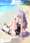  1girl animal_ears bare_shoulders beach black_footwear blue_sky blunt_bangs bracelet breasts cleavage cloud cloudy_sky commentary_request dela ear_ornament feet gold_ship_(run_revolt_launcher)_(umamusume) gold_ship_(umamusume) grey_hair high_heels highres holster horse_ears horse_girl horse_tail jewelry knee_up large_breasts legs long_hair nail_polish necklace ocean official_alternate_costume official_alternate_hairstyle on_ground outdoors palm_tree ponytail sand sandals sky solo starfish strappy_heels sunglasses tail thigh_holster thigh_strap toenail_polish toenails toes tree umamusume water water_gun 