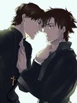  2boys bad_id bad_pixiv_id black_eyes black_hair cross cross_necklace emiya_kiritsugu fate/zero fate_(series) hand_on_another's_chest hand_on_neck jewelry kotomine_kirei male_focus multiple_boys necklace 