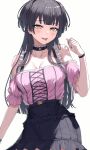 1girl :d absurdres bare_shoulders black_choker black_hair black_skirt breasts choker cleavage commentary_request cowboy_shot hand_up highres idolmaster idolmaster_shiny_colors long_hair looking_at_viewer mayuzumi_fuyuko miniskirt off-shoulder_shirt off_shoulder open_mouth pink_shirt shirt short_sleeves simple_background skirt smile solo standing take978733141 tongue tongue_out very_long_hair white_background yellow_eyes 