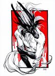 abstract_background anthro canid canine clothed clothing fur hair hatching_(art) hi_res horn hybrid male mammal nude pen_(artwork) shaded skitalets solo tail topless traditional_media_(artwork)