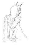 anthro biped felid feline fur hair hi_res koda_(kodalynx) kodalynx looking_away lynx male mammal muscular muscular_anthro muscular_male nude rear_view simple_background sitting skitalets solo tail white_background