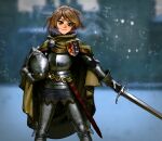  1girl absurdres armor armored_boots blue_eyes blurry blurry_background boots breastplate brown_hair chainmail cloak faulds gauntlets helmet highres holding holding_helmet holding_sword holding_weapon looking_at_viewer medieval original plate_armor sheath short_hair snow solo standing sword unsheathed unworn_headwear unworn_helmet vile_domple weapon 