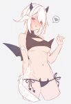  1girl arm_up bat_wings bikini black_bikini blush breasts cleavage_cutout clothing_cutout crop_top demon_horns dragon_girl dragon_horns dragon_tail grey_background horns looking_at_viewer motsuni_(lxxe1120) navel open_mouth original red_eyes scales short_hair side-tie_bikini_bottom simple_background solo speech_bubble standing swimsuit tail underboob upper_body white_hair wings 