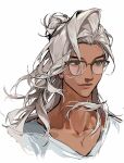  1boy collarbone eyewear_on_head glasses hair_bun highres lifeweaver_(overwatch) long_hair overwatch overwatch_2 shirt smile upper_body white_hair white_shirt xieyouqing1 