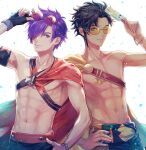  2boys brown_hair claude_von_riegan claude_von_riegan_(summer) commentary_request eyewear_on_head fingerless_gloves fire_emblem fire_emblem:_three_houses fire_emblem_heroes fire_emblem_warriors:_three_hopes food gloves green_eyes hand_on_own_hip holding holding_food holding_popsicle looking_at_viewer male_focus male_swimwear multiple_boys official_alternate_costume popsicle purple_eyes purple_hair round_eyewear saku_(soreca49) shez_(fire_emblem) shez_(male)_(fire_emblem) shez_(male)_(summer)_(fire_emblem) smile swim_trunks topless_male white_background 