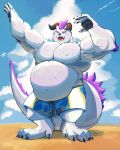 absurd_res anthro aolo beach behemoth_(housamo) belly biceps bottomwear clawed_fingers claws clothing fur hair hi_res horn lifewonders male monster musclegut navel one_eye_closed pecs purple_hair seaside shorts solo swimwear toe_claws tokyo_afterschool_summoners white_body white_fur wink zhangkuu