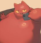 anthro artlamelt cellphone electronics gesture glistening glistening_body hi_res horn huge_belly humanoid imp imp_(artlamelt) male obese obese_male overweight overweight_male phone red_body red_eyes selfie smartphone solo v_sign yellow_sclera