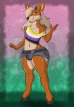 anthro baphomeat bottomwear brown_body brown_fur bulge clothing cutoffs deer denim denim_bottomwear denim_clothing fur girly lgbt_pride male mammal midriff nonbinary_(lore) nonbinary_pride_colors pride_colors pupils shorts solo thick_thighs wide_hips yellow_pupils