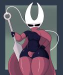 anthro arthropod black_body bulge cloak clothing crossgender exoskeleton ftm_crossgender gloves hand_on_hip handwear hi_res holding_object holding_weapon hollow_knight horn hornet_(hollow_knight) legwear male poraka7 sewing_needle solo string team_cherry thick_thighs thigh_highs weapon