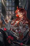  1boy absurdres ahoge androgynous argenti_(honkai:_star_rail) armor flower highres holding holding_flower honkai:_star_rail honkai_(series) indoors knight long_hair male_focus night red_flower red_hair red_rose rose solo white_armor window zhangmiao1111 