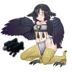  1girl absurdres animal_ears bandeau bare_shoulders bird_ears bird_legs black_feathers black_hair black_wings blonde_hair blush breasts center_opening commentary creature_and_personification feathered_wings feathers gradient_hair green_eyes hair_over_one_eye harpy highres loincloth long_hair looking_at_viewer midriff minecraft monster_girl multicolored_hair navel original personification purple_hair r-dragon simple_background small_breasts smile streaked_hair two-tone_eyes white_background winged_arms wings yellow_eyes 