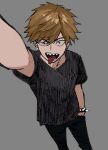  1boy black_pants brown_eyes brown_hair chainsaw_man collar denji_(chainsaw_man) grey_background grey_shirt looking_at_viewer pants selfie sharp_teeth shirt short_hair spiked_collar spikes teeth tongue tongue_out zeon_(zzeeonn) 