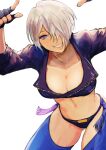  1girl absurdres angel_(kof) black_jacket black_panties blue_eyes breasts chaps cleavage cropped_jacket hair_over_one_eye highres jacket large_breasts looking_at_viewer midriff navel panties short_hair simple_background smile solo the_king_of_fighters underwear white_hair yuu_(primenumber7) 