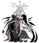  1boy 1girl absurdres ahoge arched_back arknights arms_around_neck arms_up black_coat black_eyes black_garter_straps black_gloves black_hair black_halo black_pants black_wings blonde_hair blunt_bangs breasts broken_halo cable cloak closed_mouth coat collared_jacket colored_inner_hair commentary cousins cowboy_shot cropped_legs crossed_bangs dark_halo detached_wings doctahmem earpiece energy_wings executor_(arknights) executor_the_ex_foedere_(arknights) expressionless eye_contact finger_on_trigger fingerless_gloves flat_color from_side garter_straps glove_cuffs gloves grey_gloves grey_hair grey_skirt grey_sleeves grey_thighhighs gun hair_between_eyes halo hand_up highres hime_cut holding holding_gun holding_weapon hug jacket layered_sleeves lever_action light_smile logo long_bangs long_hair long_sleeves looking_at_another looking_down looking_up mechanical_halo mechanical_wings messy_hair miniskirt mole mole_under_eye multicolored_cloak multicolored_hair muted_color official_alternate_costume pale_skin pants pleated_skirt pointing_gun pouch profile red_cloak short_hair short_over_long_sleeves short_sleeved_jacket short_sleeves shotgun sidelocks simple_background skirt smile standing straight_hair strap striped symbol-only_commentary thigh_pouch thigh_strap thighhighs two-tone_cloak two-tone_hair vertical_stripes very_long_hair virtuosa_(arknights) weapon white_background white_cloak white_jacket wide_sleeves wings yellow_pupils zettai_ryouiki 