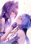  2girls absurdres ahoge bare_shoulders blue_hair blurry blurry_background closed_mouth cone_hair_bun detached_sleeves double_bun falling_leaves ganyu_(genshin_impact) genshin_impact gloves goat_horns hair_bun highres horns imminent_kiss keqing_(genshin_impact) leaf long_hair looking_at_another low_ponytail multiple_girls neck_tassel parted_lips pink_eyes purple_gloves purple_hair simple_background smile takemura_kou twintails very_long_hair yuri 