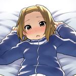  aaaa arms_up bed_sheet blush brown_eyes brown_hair d: full-face_blush hairband highres jacket k-on! looking_up lying on_back open_mouth short_hair solo tainaka_ritsu track_jacket 