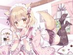  1girl :d animal_ear_fluff animal_ears apron azumi_kazuki black_skirt black_thighhighs blurry blurry_background blush brown_eyes brown_hair checkerboard_cookie commentary_request cookie curtains depth_of_field floral_print food frilled_apron frilled_skirt frilled_sleeves frills hair_between_eyes holding holding_spoon indoors japanese_clothes kimono long_sleeves looking_at_viewer lying maid maid_headdress nail_polish no_shoes on_stomach original pink_kimono pink_nails print_kimono sample_watermark skirt smile soles solo spoon tail thighhighs tiered_tray wa_maid watermark white_apron wide_sleeves window 