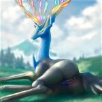 antlers anus blue_eyes butt deer female feral fur generation_6_pokemon genitals horn legendary_pokemon lying mammal nintendo nude pokemon pokemon_(species) pussy solo tohjoma xerneas