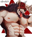2023 abs anthro armpit_hair body_hair canid canine canis chest_hair drawreshi facial_hair fangs gesture half-length_portrait happy_trail hat_over_eyes hi_res hybrid icon male mammal muscular muscular_male nipples nude open_mouth open_smile pecs portrait resh_(drawreshi) salute sharp_teeth smile solo teeth tongue tongue_out two-finger_salute wolf
