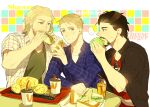  ... 3boys animification avengers_(series) beard black_hair black_jacket blonde_hair blue_eyes blue_shirt blush brown_eyes burger buttons closed_mouth coffee_cup collarbone cup disposable_cup drink drinking_straw english_commentary english_text facial_hair fingernails food food_on_face french_fries green_shirt hand_up hands_up holding holding_food holding_sandwich jacket long_hair long_sleeves looking_at_another male_focus marvel marvel_cinematic_universe mcdonald&#039;s multiple_boys omix open_clothes open_jacket open_mouth open_shirt plaid plaid_shirt red_shirt sandwich shawarma shirt short_hair simple_background sitting speech_bubble steve_rogers sunglasses sweatdrop t-shirt table teeth thor_(marvel) tony_stark tray unworn_eyewear white_background white_shirt 