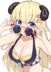  1girl absurdres adjusting_eyewear ahoge animal_ears bikini black_bikini blonde_hair blue_eyes blush breasts cleavage closed_mouth commentary eternaltanbo front-tie_bikini_top front-tie_top hair_ornament hairclip halterneck highres hololive hololive_summer_2023_swimsuit horns long_hair looking_at_viewer looking_over_eyewear medium_breasts multicolored_bikini multicolored_clothes navel official_alternate_costume pink-tinted_eyewear sheep_ears sheep_horns simple_background smile solo stomach striped striped_bikini sunglasses swimsuit tinted_eyewear tsunomaki_watame upper_body virtual_youtuber white_background yellow_bikini 
