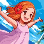  1girl blue_sky brown_hair dress flone_robinson flower hair_flower hair_ornament hiroita long_hair lowres open_mouth orange_eyes outdoors outstretched_arms palm_tree pink_dress pixel_art red_flower signature sky solo spread_arms swiss_family_robinson teeth tree upper_teeth_only world_masterpiece_theater 
