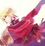  blonde_hair book closed_mouth dutch_angle fingerless_gloves gloves half-closed_eyes holding holding_book iwaohime male_focus open_book purple_gloves radiant_historia reading red_scarf scarf simple_background sketch smile stocke uniform upper_body yellow_background 