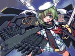  1girl artist_logo black_cape cape dated eyepatch feet_out_of_frame green_eyes green_hair gun hat kantai_collection kiso_(kancolle) kiso_kai_ni_(kancolle) kutone_shirika neckerchief parody pleated_skirt red_neckerchief sailor_hat school_uniform serafuku short_hair skirt solo space standing torpedo weapon white_headwear white_skirt 