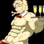 abs alcohol anthro astosis beverage bow_tie braided_hair bulge champagne champagne_glass clothing felid flaccid genitals hair lifewonders lion live_a_hero low_res male mammal muscular muscular_anthro muscular_male nipples pantherine pecs penis penis_base run_aki serving_tray solo thong underwear