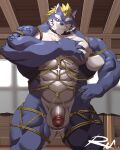 abs anthro balls bdsm biceps blonde_hair blue_body blue_fur bondage bound canid canine canis collar fenrir_(housamo) flaccid fur genitals hair hi_res lifewonders male mammal muscular muscular_anthro muscular_legs muscular_male nude pecs penis reclamon restraints rope rope_bondage rope_harness solo tokyo_afterschool_summoners wolf