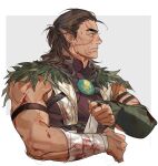  1boy absurdres baldur&#039;s_gate baldur&#039;s_gate_3 bandaged_arm bandages bara blood blood_on_arm blood_on_clothes brown_eyes brown_hair dark-skinned_male dark_skin dungeons_and_dragons elf facial_tattoo fingerless_gloves gloves green_gloves greensalad350 halsin highres leaf looking_ahead male_focus mature_male medium_hair muscular muscular_male pointy_ears simple_background solo solo_focus tattoo thick_arms thick_eyebrows vest 