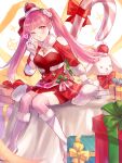  1girl alternate_costume boots breasts candy candy_cane cleavage dress fire_emblem fire_emblem:_three_houses fire_emblem_heroes flower food fur_trim gift gloves hair_flower hair_ornament highres hilda_valentine_goneril hilda_valentine_goneril_(winter) ichi_(dndk01) official_alternate_costume one_eye_closed pink_hair pink_thighhighs red_dress rose solo thigh_boots thighhighs twintails white_flower white_gloves white_rose 