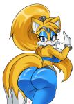 absurd_res anthro bare_shoulders belly_dancer blue_clothing blue_eyes butt canid canine clothing crossgender eyeshadow female fever_venus_(artist) fox genie hair harem_outfit hi_res lipstick looking_at_viewer makeup mammal miles_prower mtf_crossgender multi_tail ponytail sega solo sonic_the_hedgehog_(series) tail