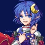  1girl blue_background blue_dress blue_eyes blue_hair cape dress hiroita index_finger_raised long_sleeves looking_at_viewer lowres open_mouth pixel_art pointy_ears red_cape rena_lanford shirt short_hair signature simple_background solo star_ocean star_ocean_the_second_story white_shirt 