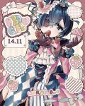  1boy absurdres birthday blue_eyes blue_hair bow child ciel_phantomhive cupcake earrings eating food food-themed_earrings frilled_hat frills fruit gloves happy_birthday hat heart highres holding holding_food holding_fruit jewelry kuroshitsuji male_focus otoko_no_ko patterned_clothing pink_theme short_hair solo strawberry strawberry_earrings wormy_owo 